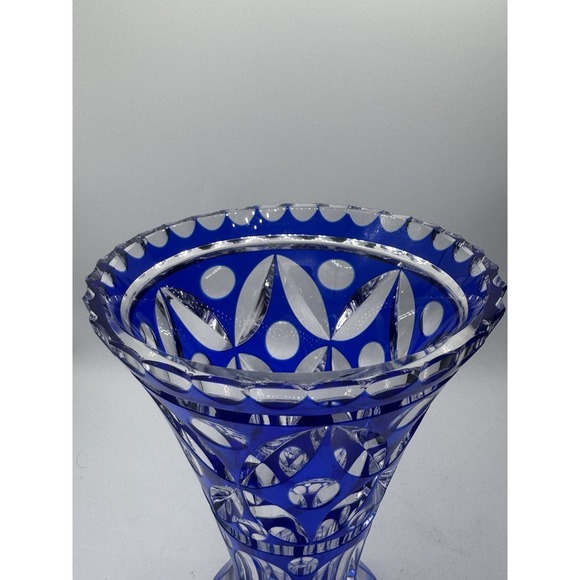 Vintage Bohemian Czech Blue Cut To Clear Crystal Vase 7" X 5". *Minor Flaws* - Picture 4 of 16